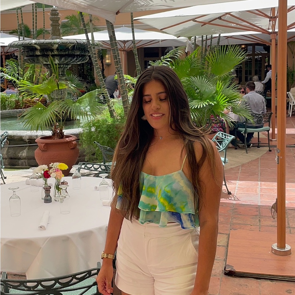 Women's Blue and Green Ruffle Top